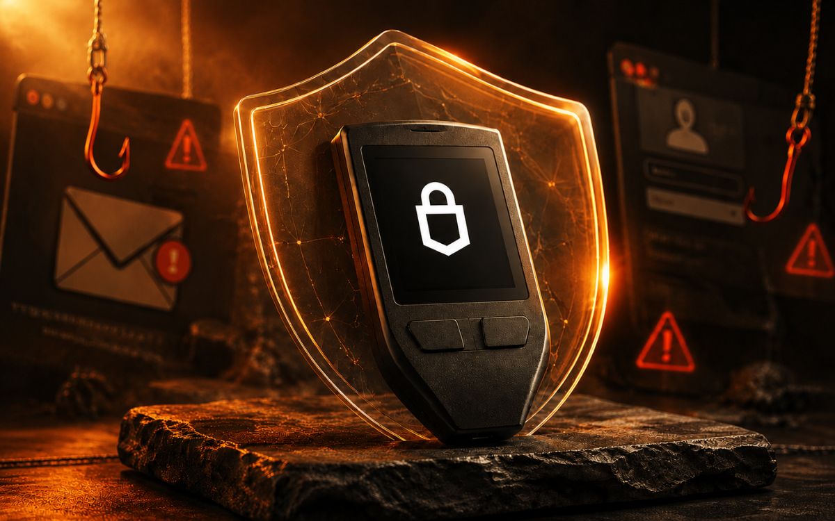 Trezor hardware wallet surrounded by phishing and scam warning symbols.