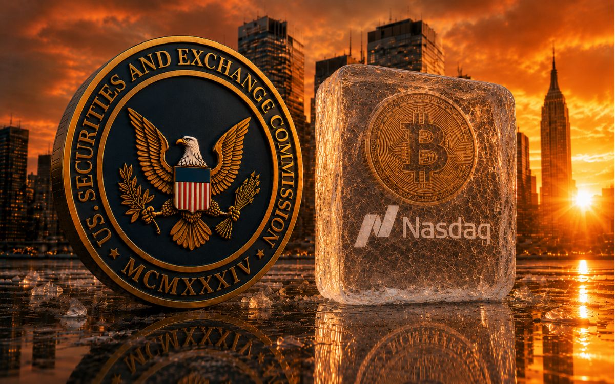 SEC seal beside a frozen Bitcoin Nasdaq ice block at sunset in New York skyline.