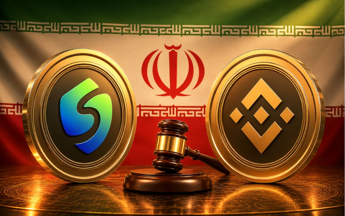 Shelbit and Binance coins beside a judge’s gavel against the Iranian flag.