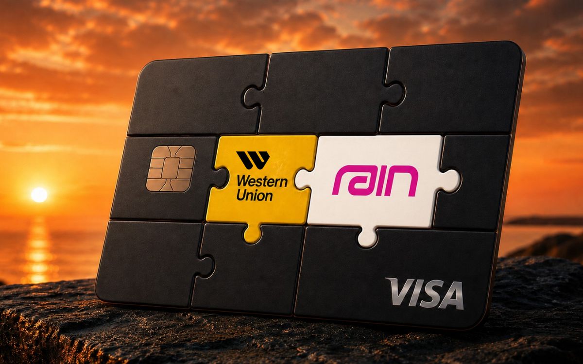 Black Visa puzzle card featuring Western Union and Rain logos on a rock at sunset.
