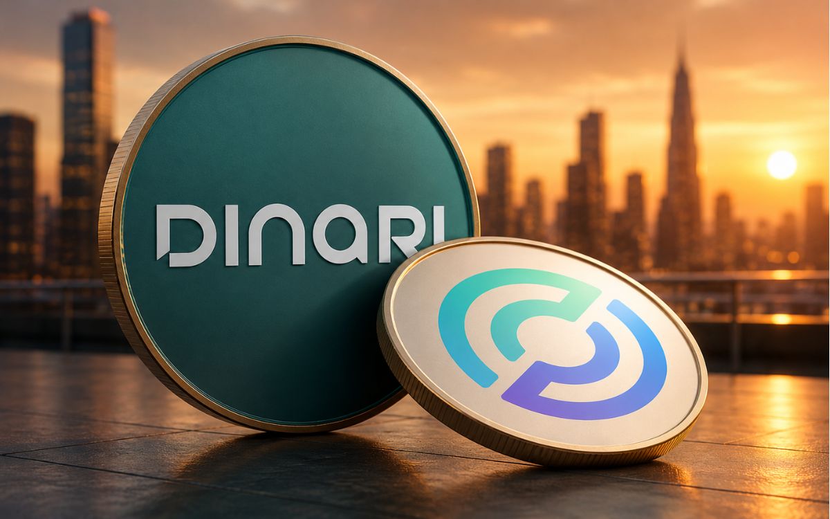 Giant Dinari and Circle coins on a skyscraper rooftop at sunset.