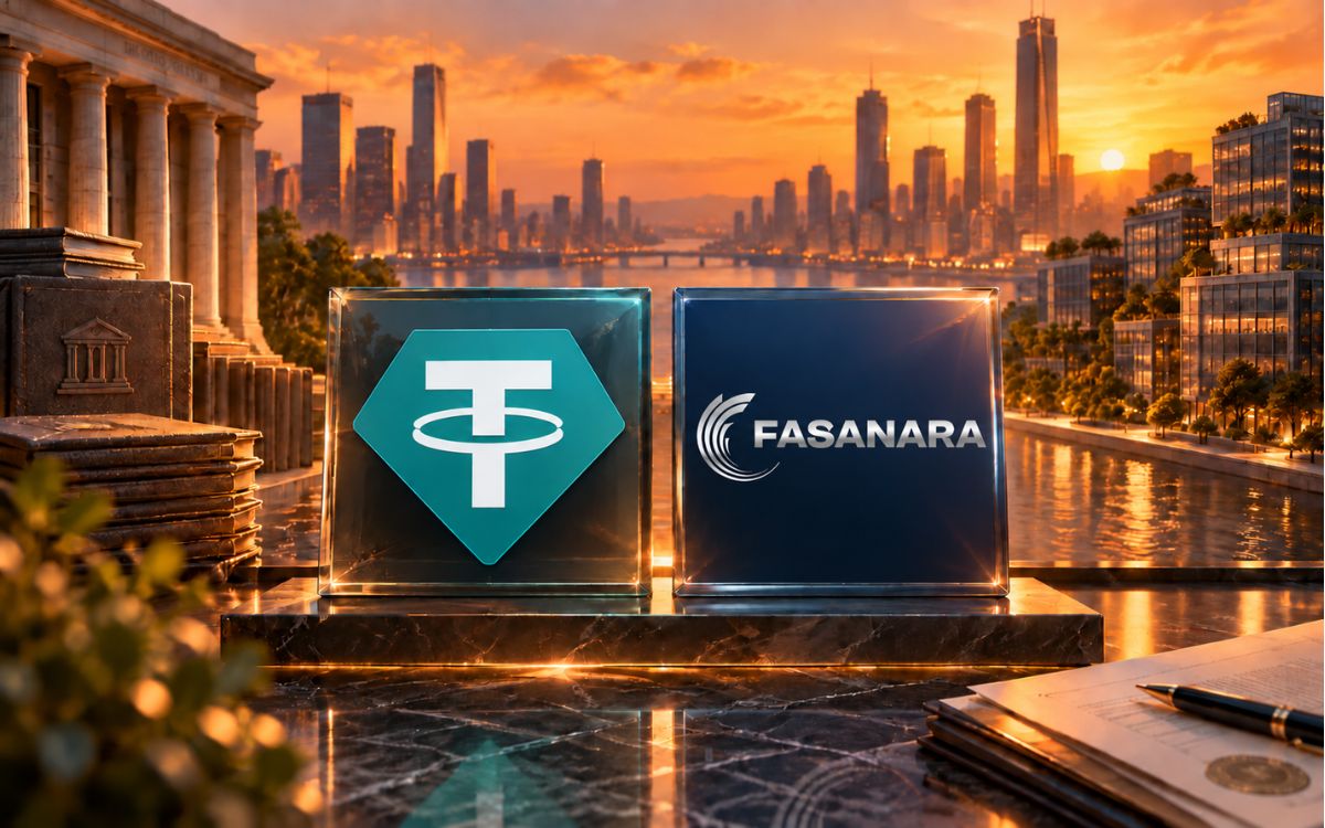 Tether and Fasanara logos on enlarged plaques against a sunset-orange financial backdrop.