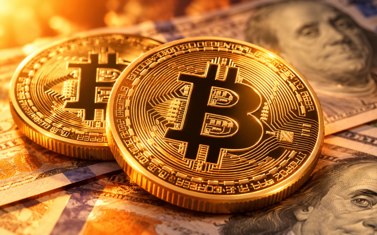 Bitcoin on hundred-dollar bills