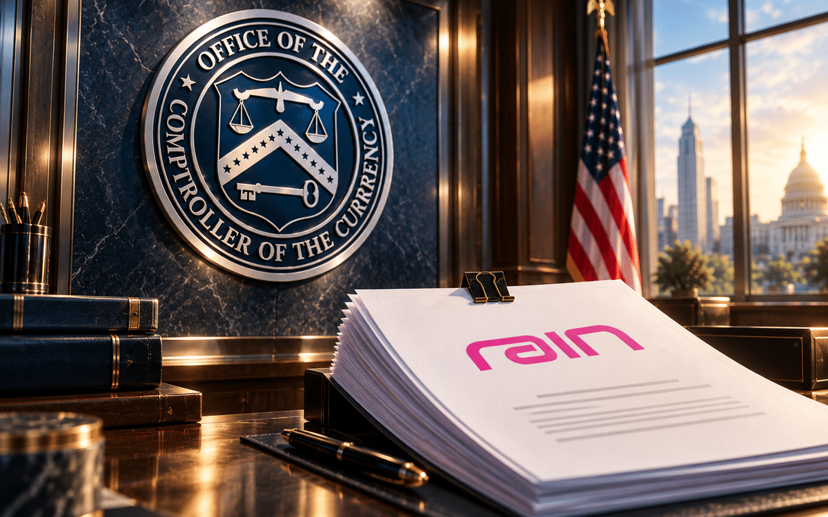 Silver OCC seal on a marble wall with Rain-branded documents on a desk and a U.S. flag in the background.