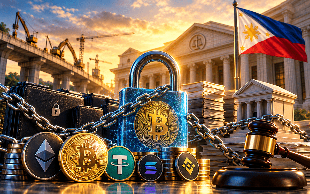 Philippine flag, crypto assets, and a padlock symbolizing a court-ordered freeze.
