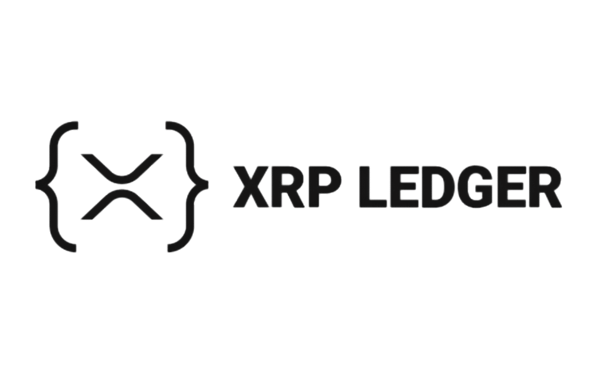 XRP Ledger logo with its black emblem and bold text on a white background.