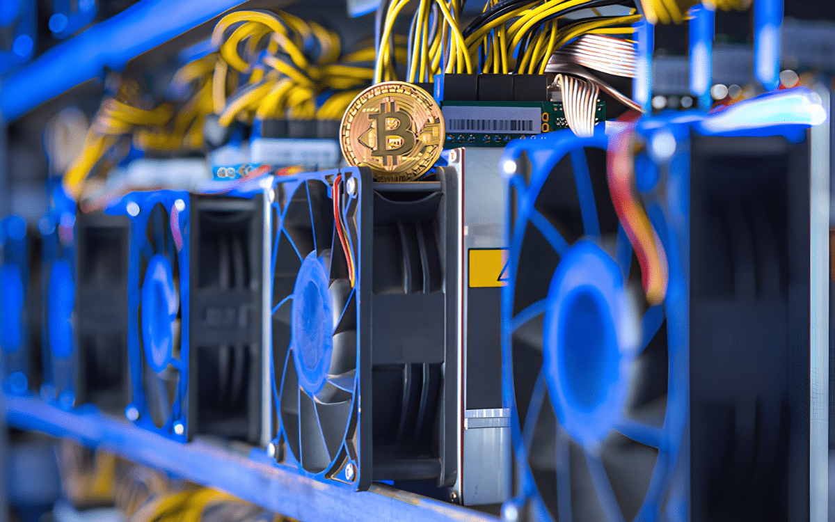 A crypto mining rig, with a system composed of fans, cables, and a golden Bitcoin.