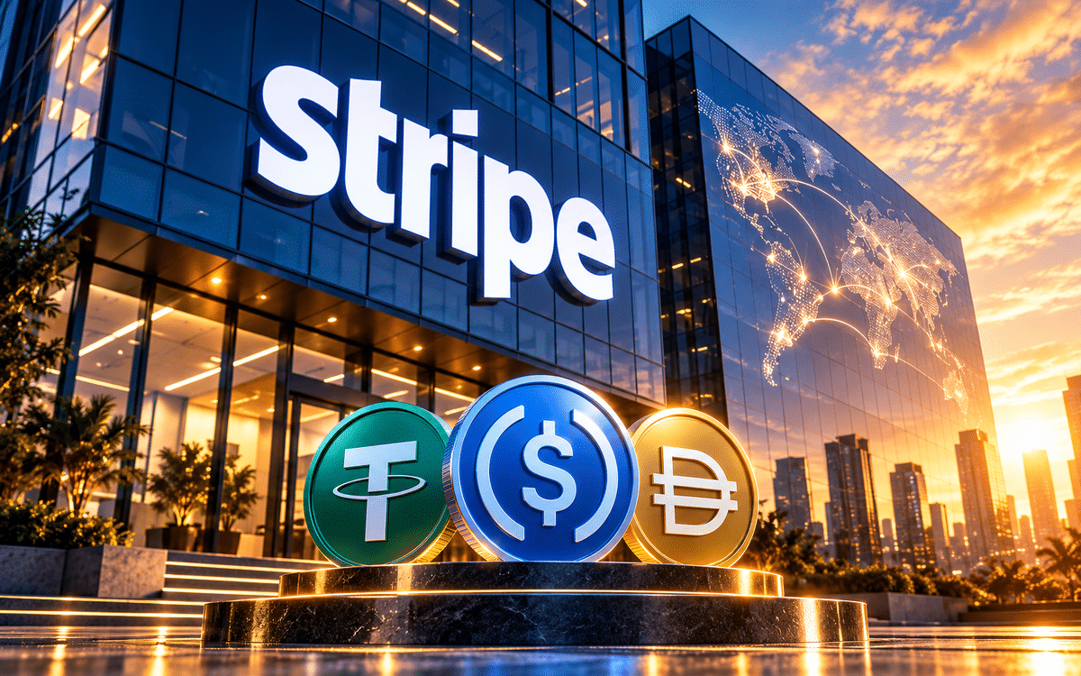 Stripe building with stablecoin coins at sunset.
