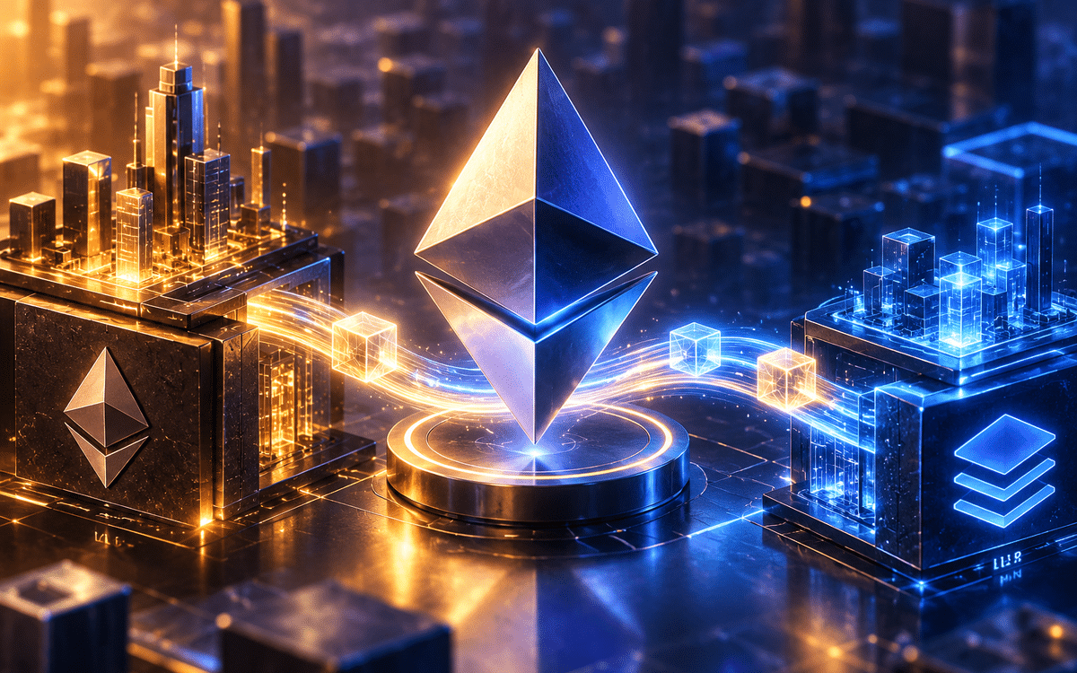 Ethereum logo connecting Ethereum mainnet and Layer 2 networks through glowing data links.