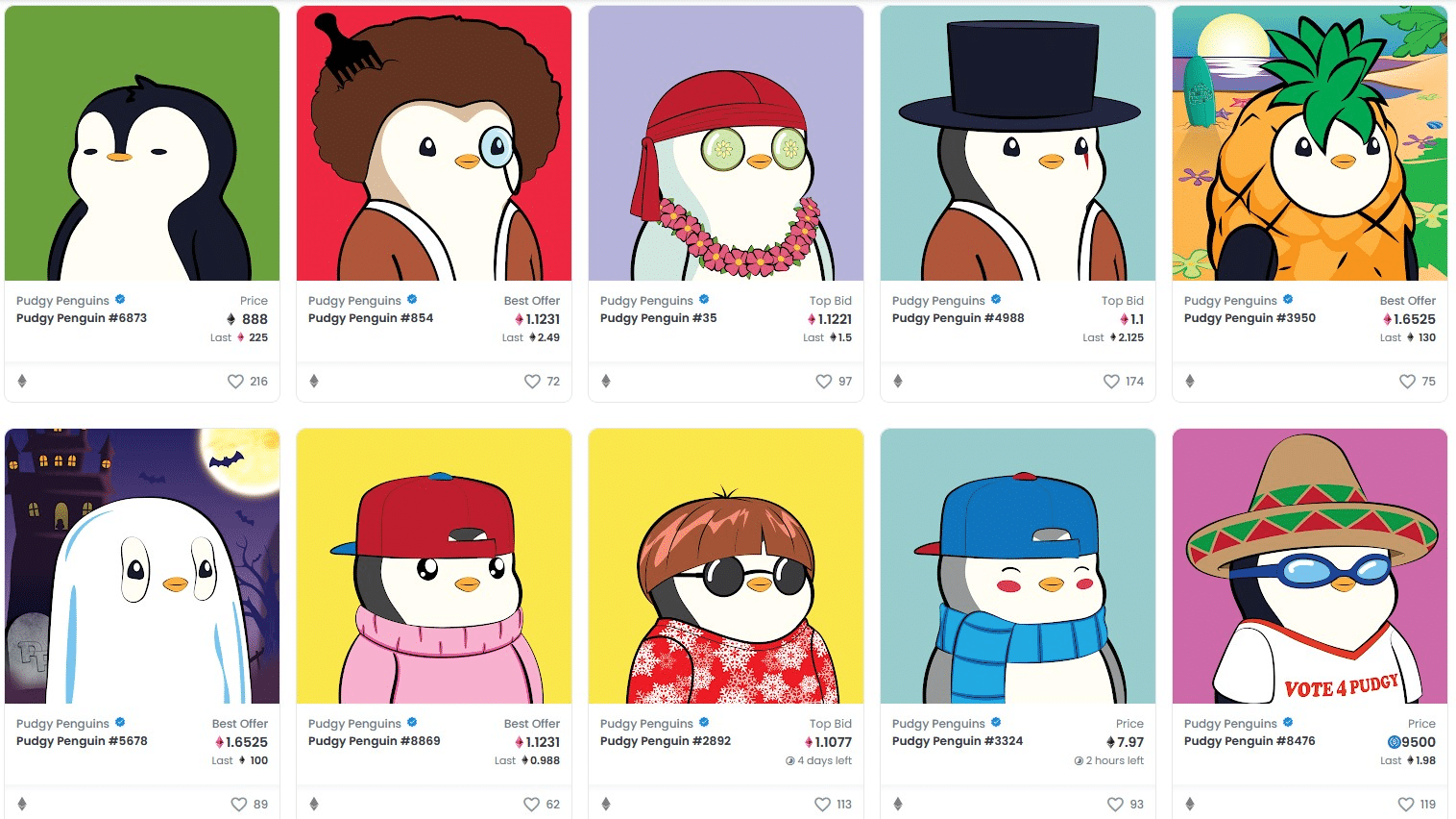 A network of Pudgy Penguins NFTs displaying penguins in different costumes along with bright backgrounds.